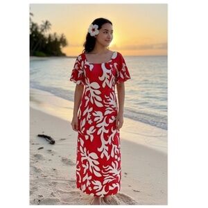 VTG Kimos Polynesian Shop Maxi Dress 8 Red Floral Flutter Sleeve Hawaiian Made